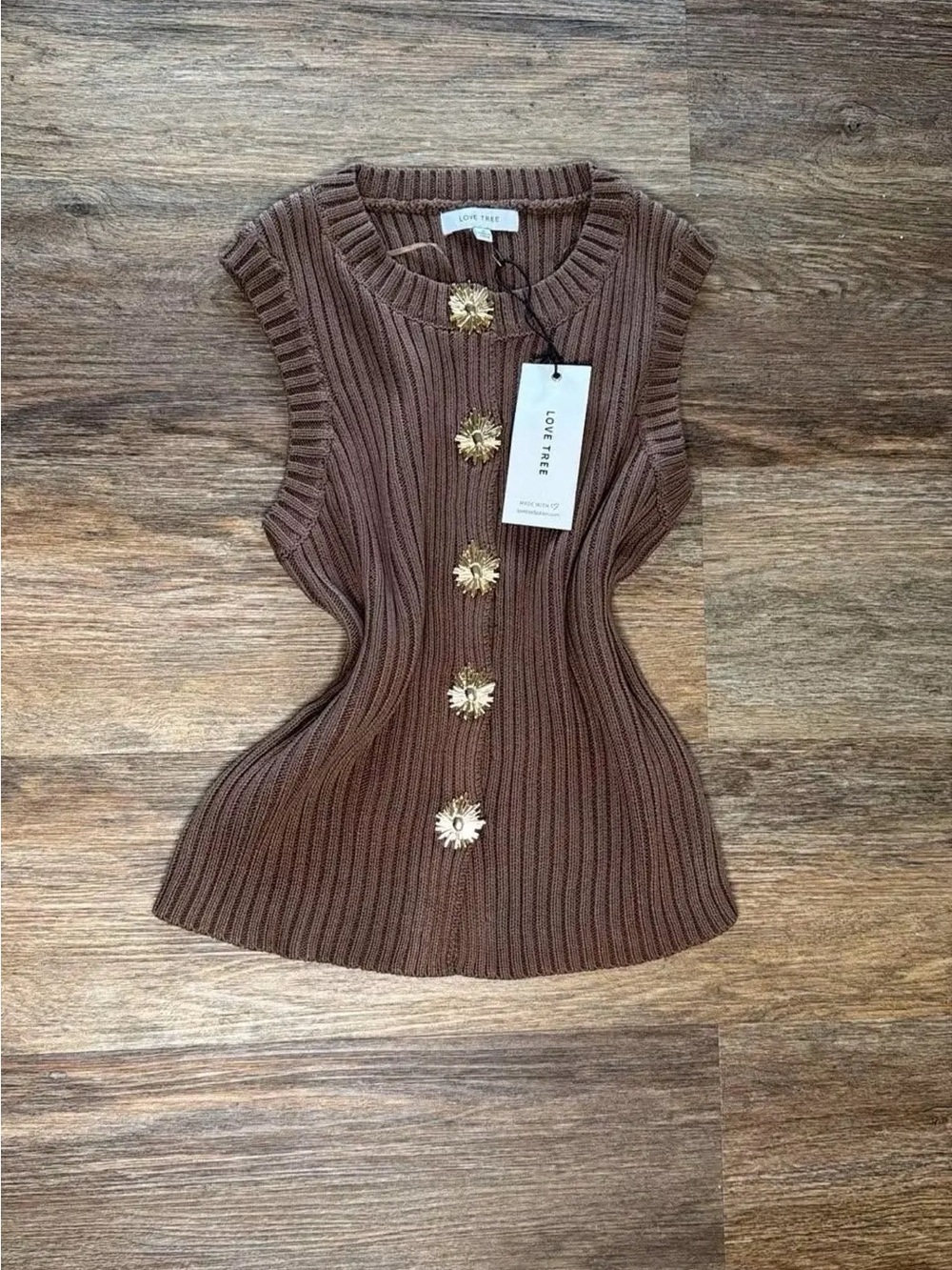 Love Tree Chocolate Brown Ribbed Sleeveless Knit Top with Gold Floral Buttons